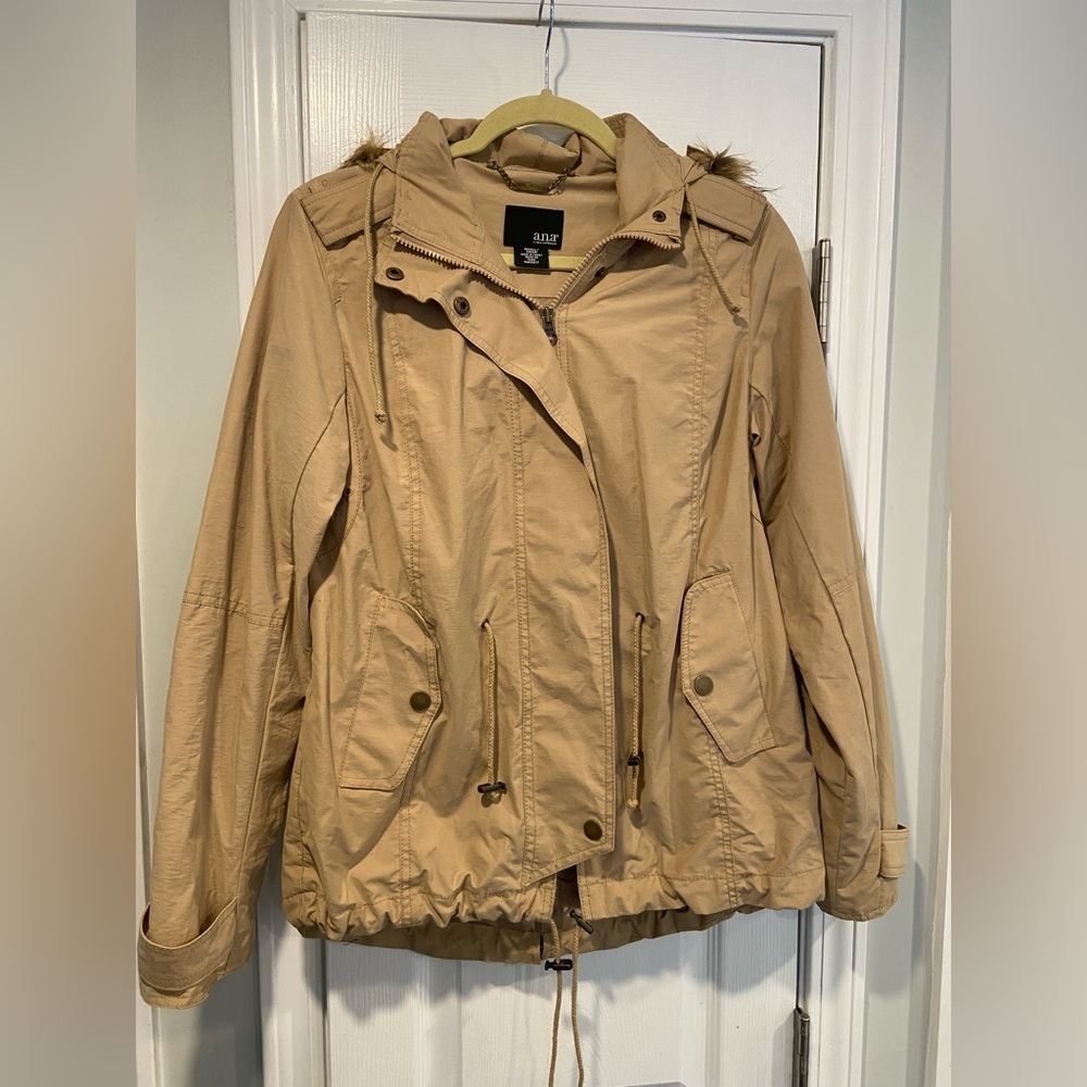 Nwt Ana Size S Khaki Tan Zip Up Adjustable Utility Jacket Removable Fur Hood